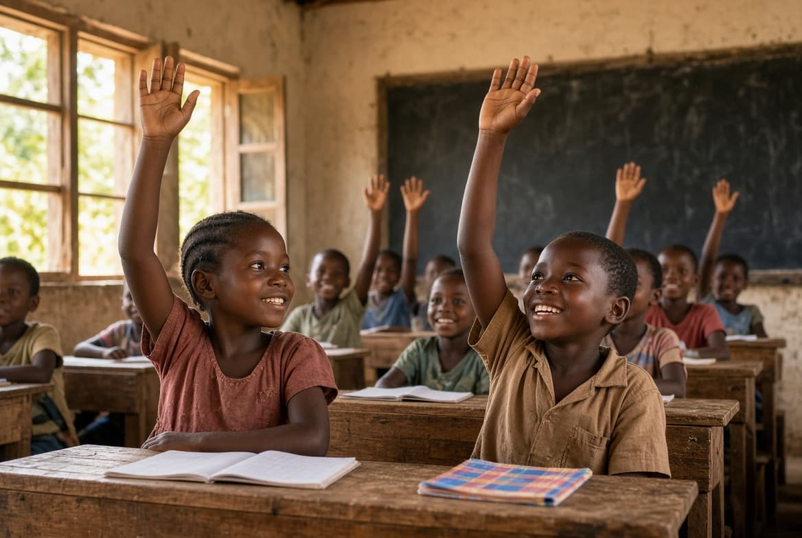 Children in a village classroom raise their hands in front of a chalkboard.